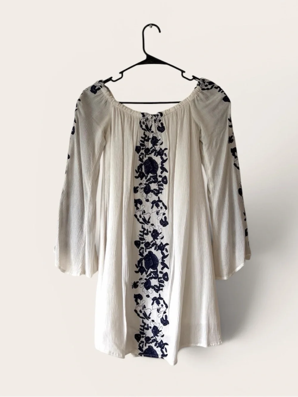 Tobi Off-Shoulder White Dress with Blue Embroidered Trim - Picture 2 of 6